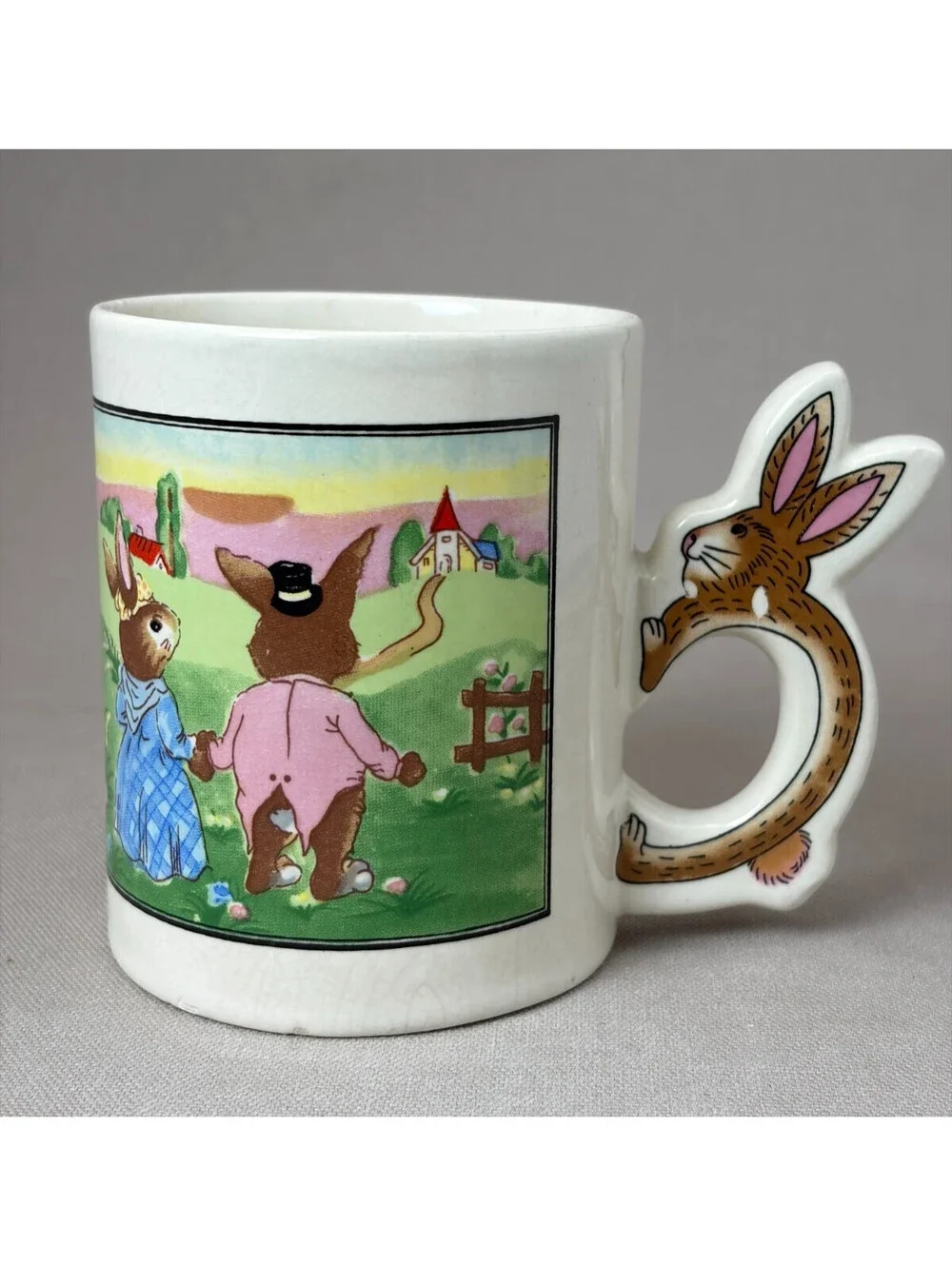 Vintage Bunny Rabbit Figural Handle Coffee Mug Easter Couple Nursery Ceramic Cup
